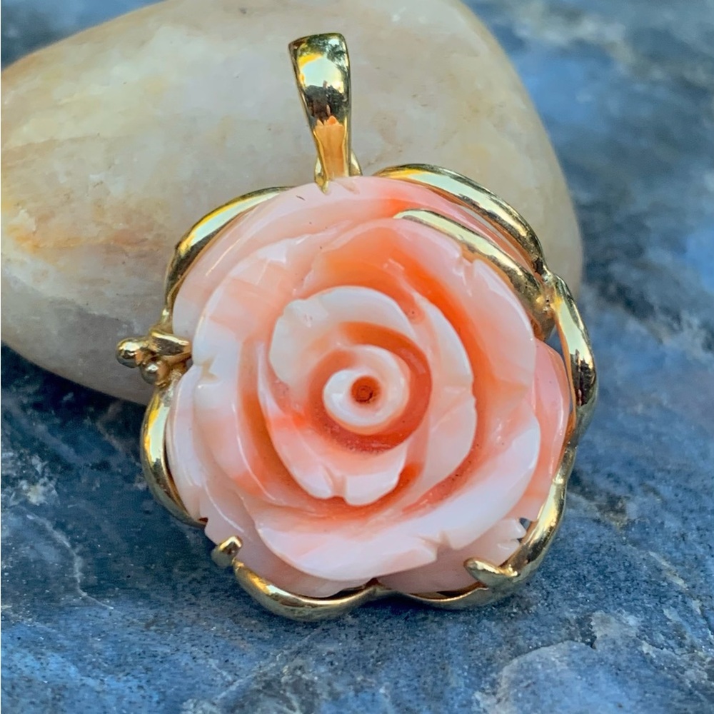 Signed PTJ 14K Yellow Angel Skin Coral Enhancer Pendant